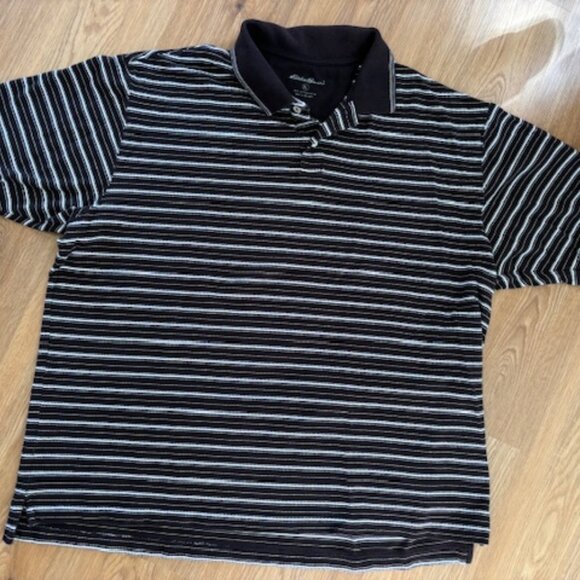Eddie Bauer Mens Black Striped 100% Cotton Polo Shirt EUC XL - Picture 1 of 4